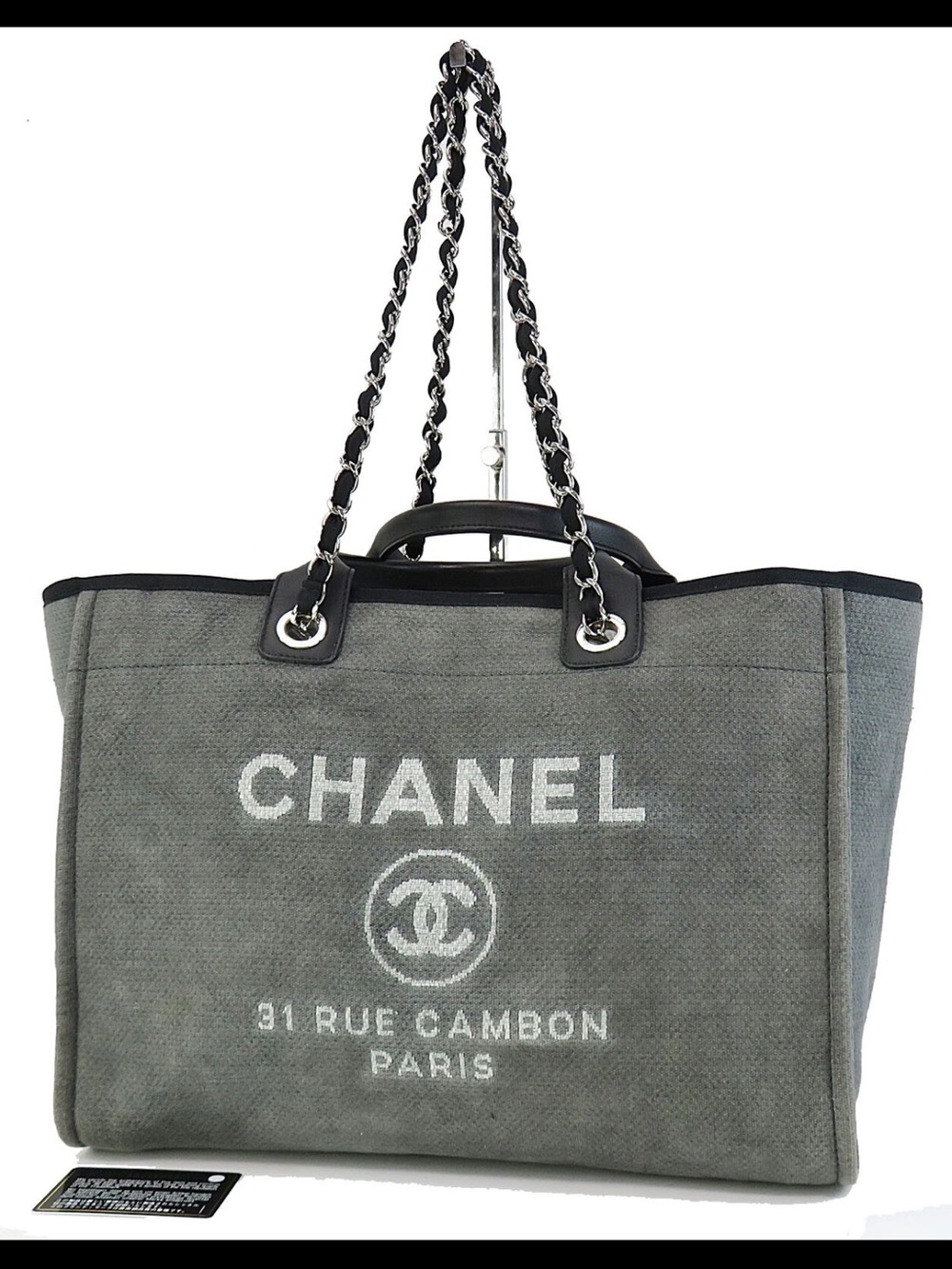 CHANEL Gray Canvas Tote with Chain-Interlaced Leather Straps